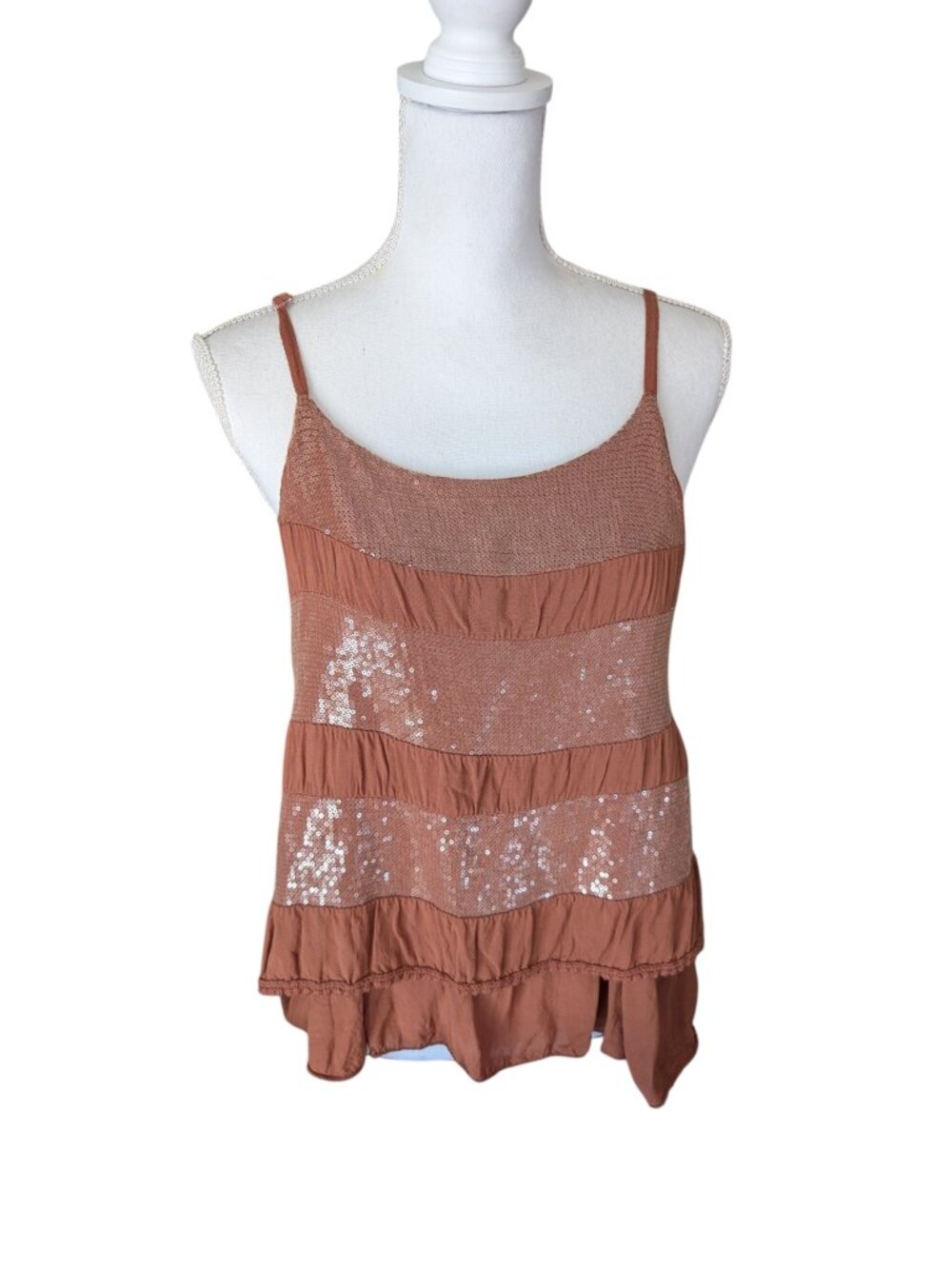 Tank Top Spaghetti Straps Italian Cotton Rust Brown With Sequins Sz S Ruffled